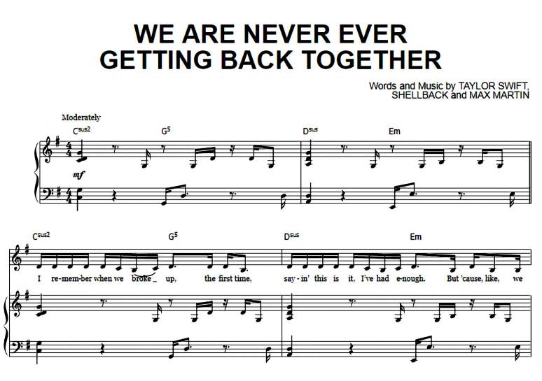 Taylor Swift-We Are Never Ever Getting Back Together Free Sheet Music PDF for Piano