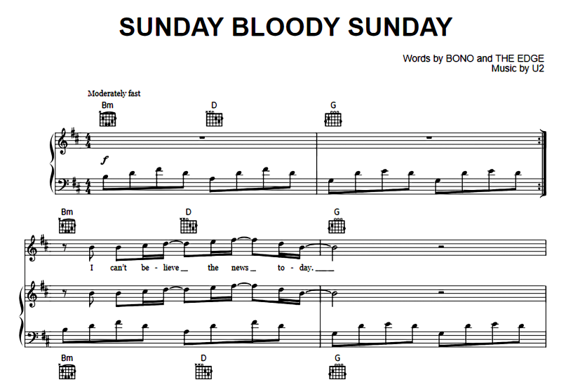 U2-Sunday Bloody Sunday Free Sheet Music PDF for Piano