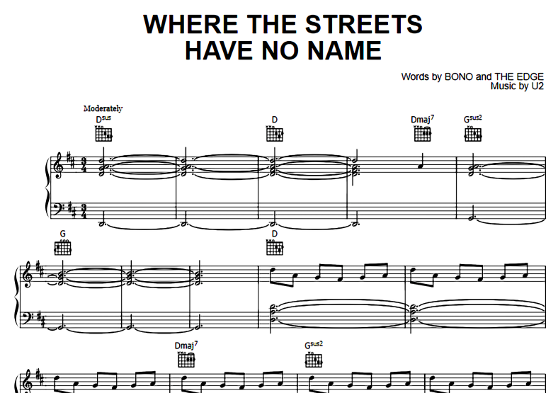 U2Where The Streets Have No Name Free Sheet Music PDF for Piano The