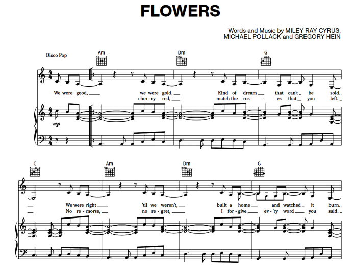 Miley Cyrus-Flowers Free Sheet Music PDF for Piano