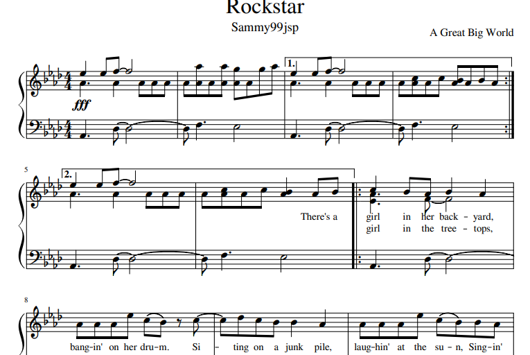 A Great Big World-Rockstar Free Sheet Music PDF for Piano