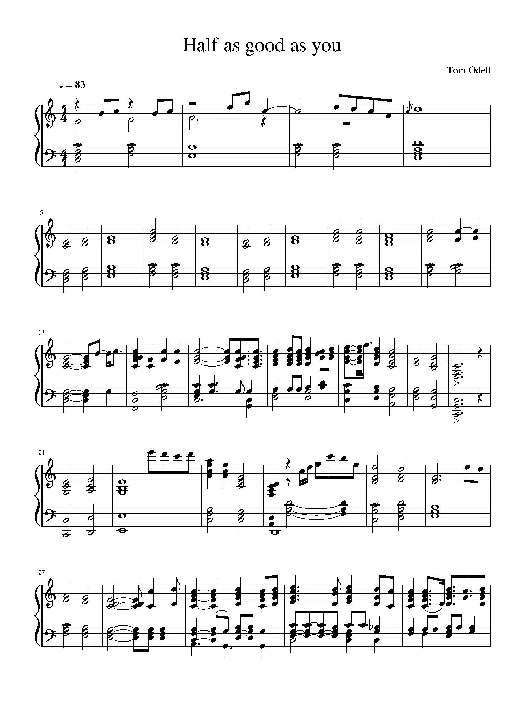 Tom Odell Half as good as you sheet music piano